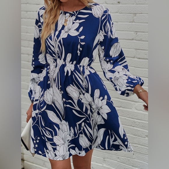 Floral Round Neck Long Sleeve Mini Dress - Picture 6 of 6